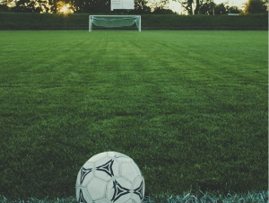 Ball in front of the goal on a soccer field - Bola à frente da baliza em um campo de futebol